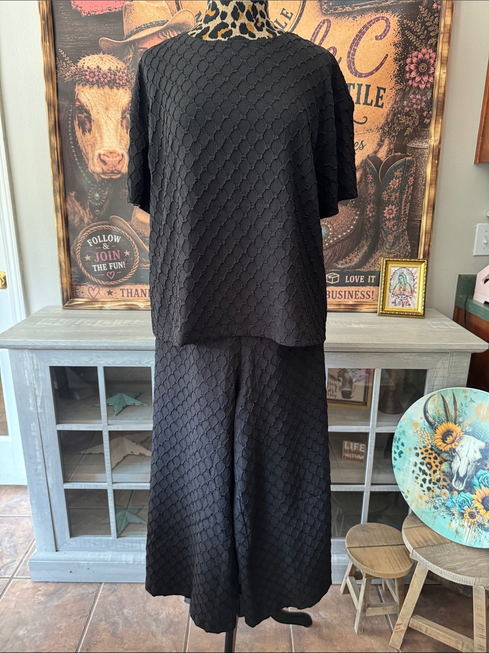 ODDI 2PC Black Textured Flowy Pant Set- Size L/XL